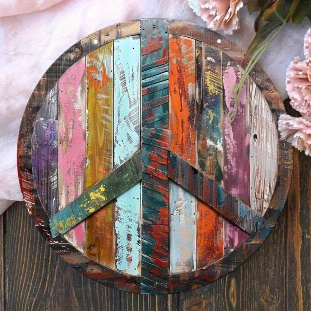 Vintage Peace Sign Metal Wall Art 8 Inch Round Hippie Floral Decor Scratch Proof