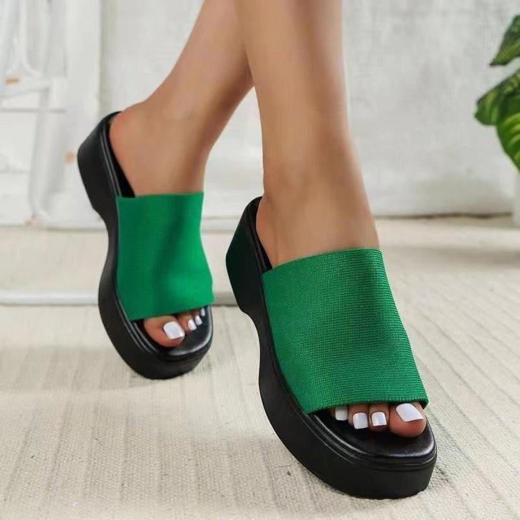 Plus Size European & American One-Word Thick Sole Slope Heel Slippers