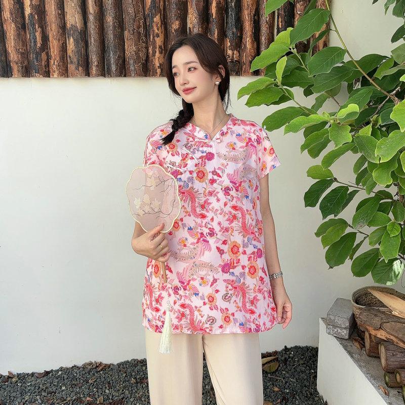 Summer Rayon Blend Cheongsam Short Sleeve Tshirts Frog Closure Tops Floral Print New Chinese Style Plus size Independent Design