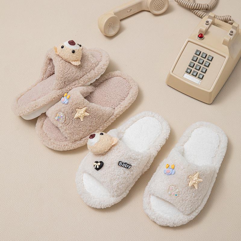 Bear open cotton slippers ins warm fluffy slippers cartoon contrasting plush slippers