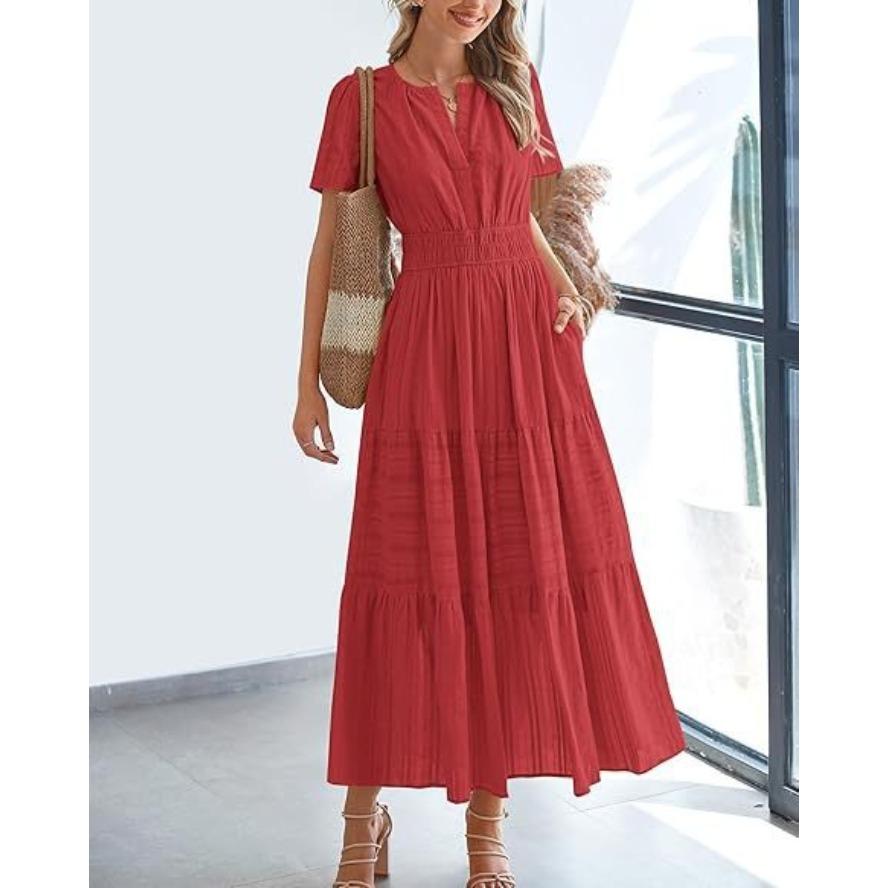 VEZFAA Women's Fashion Summer Spring Solid Color Print Short Sleeve V-Neck High Waist Casual Dresses