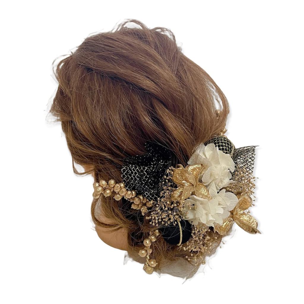 Dried Flower Head Black and Tamakanzashi Japanese Hair Graduation Kimono Dress, Gold, Hairpin, Accessory, Coming-of-Age Ceremony, Ceremony, Furisode,