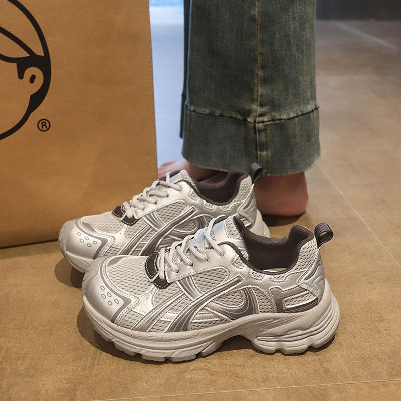 Leather platform dad shoes women's shoes 2025 autumn new mesh casual shoes women's lightweight sports running shoes