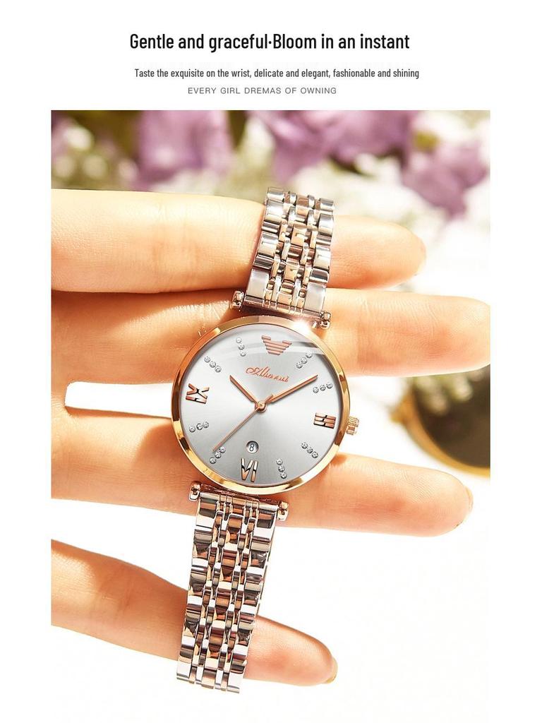 High-End Women's Quartz Watch with Genuine Diamond-Set Steel Band