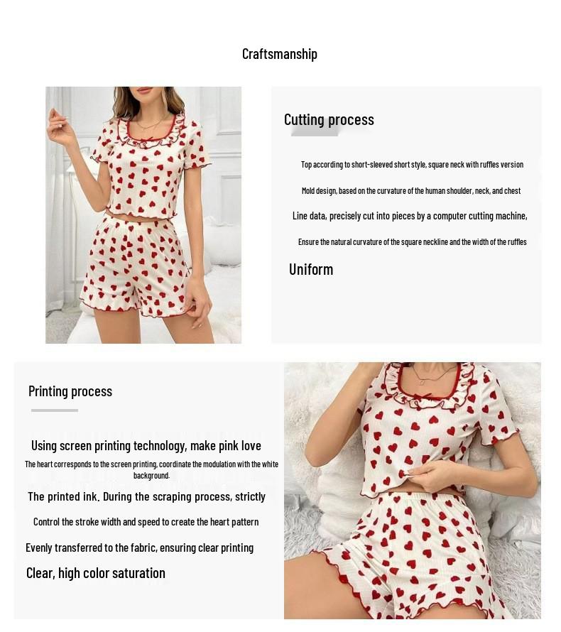 European Summer Heart Print Ruffled Pajama Set: Sweet Short Sleeve Women's Home Wear
