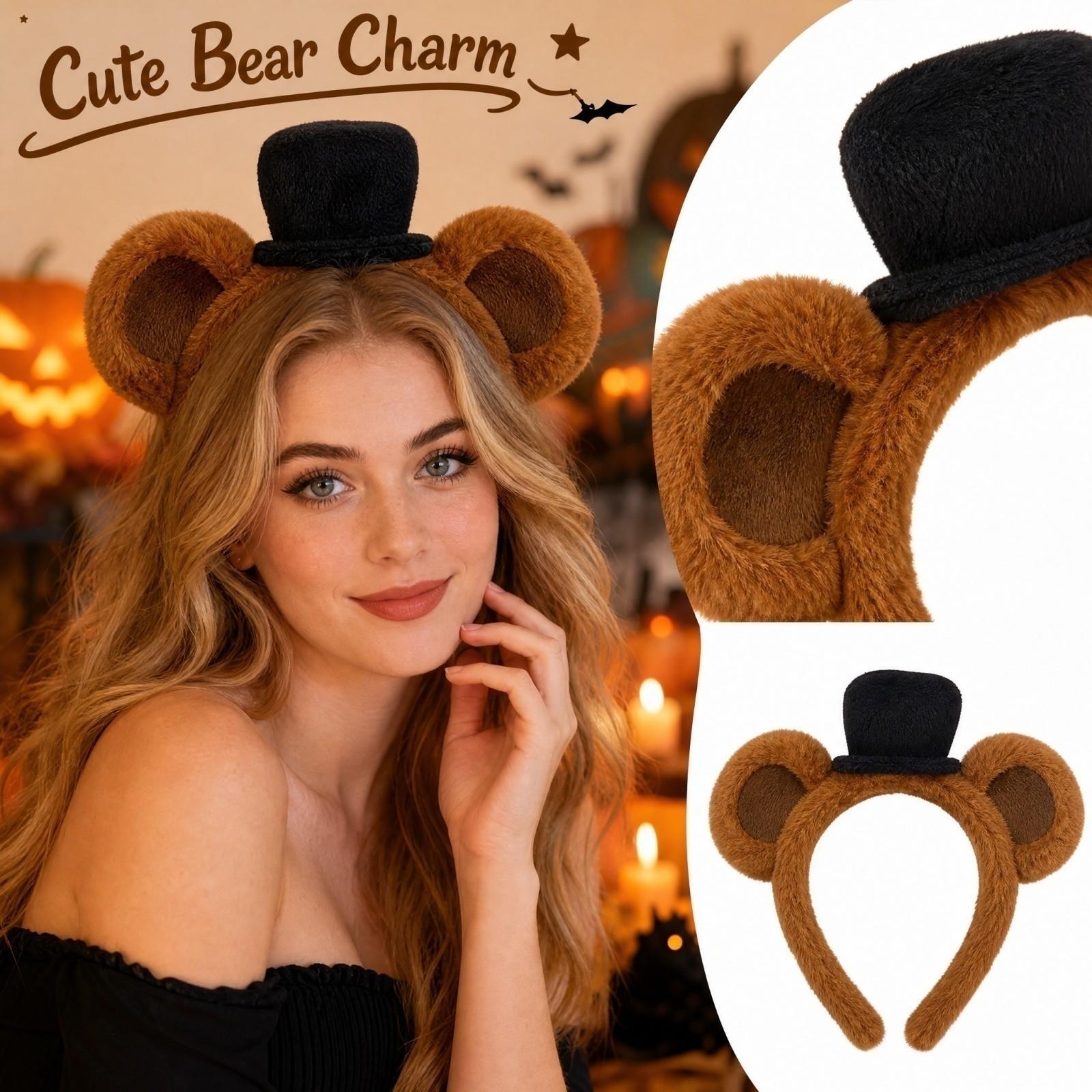 Plush Bear Ears Headband with Black Hat for Halloween Costume Party One Size