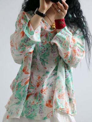 Maglietta da donna in lino sottile a maniche lunghe con stampa floreale, magliette casual larghe vintage estive