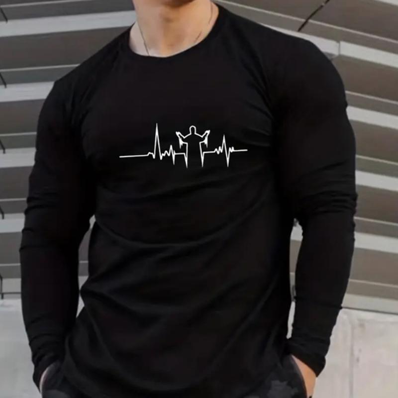Электрокардиограмма Принт Мужские футболки Длинные рукава Футболки Круглый вырез — фото 6