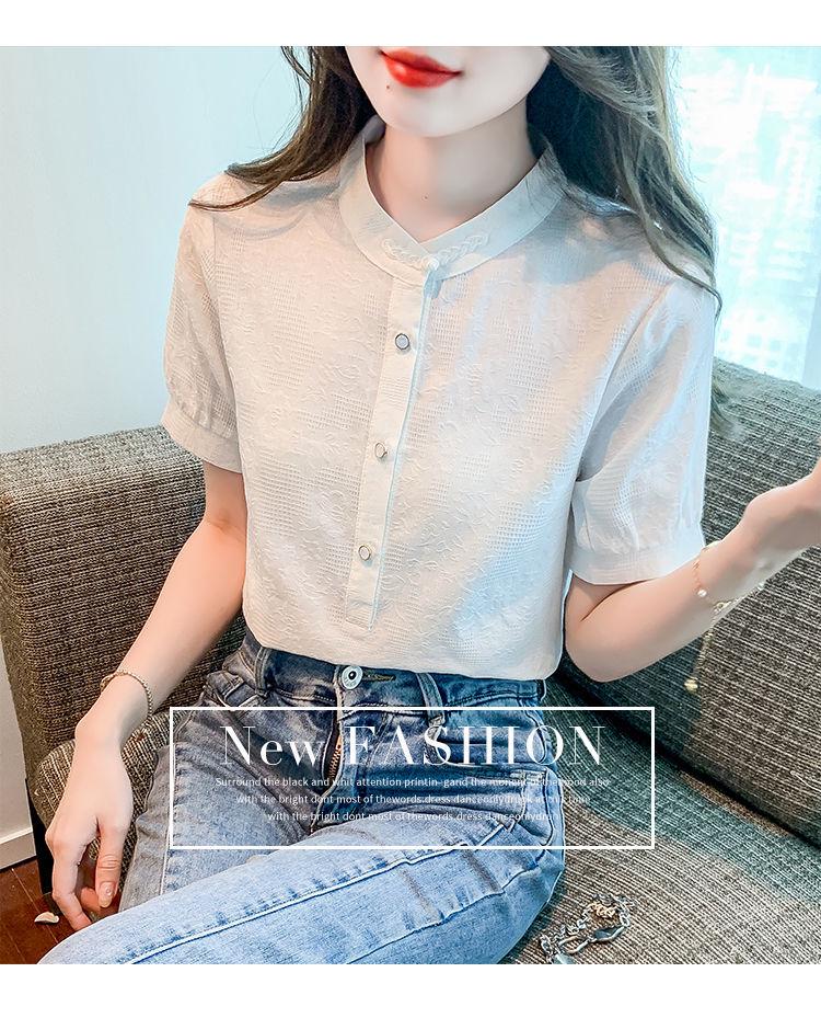Summer 2024 Women's Stand-up Collar Retro Jacquard Cotton Shirt