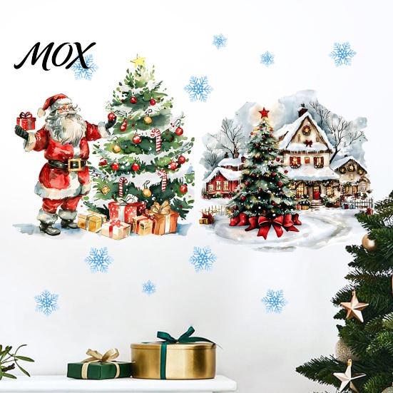 Self Adhesive Xmas Mural Christmas Wall Decals, Watercolor Santa Claus Tree Village House Sticker, Peel Gift for Home And Stick Removable Art