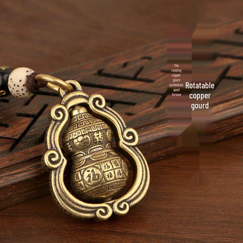 Rotating Brass Gourd Fortune Keychain with Auspicious Cloud Pendant