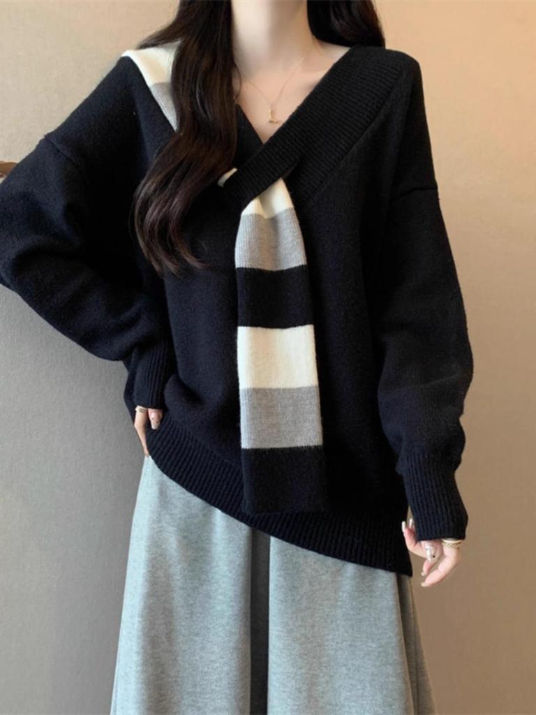 Women's 2025 Korean Striped V-Neck Scarf Sweater - Autumn/Winter Loose Fit, Thick Knit
