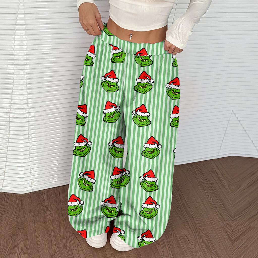 Women's Casual Christmas Print Elastic Waist Loose Fit With Plush Wide Leg Pants