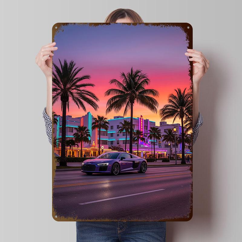 Miami Beach Sports Car R Sunset Poster Customized Wall Art Vintage Metal Signs Retro Tin Plaque for Man Cave Gaming Decoration