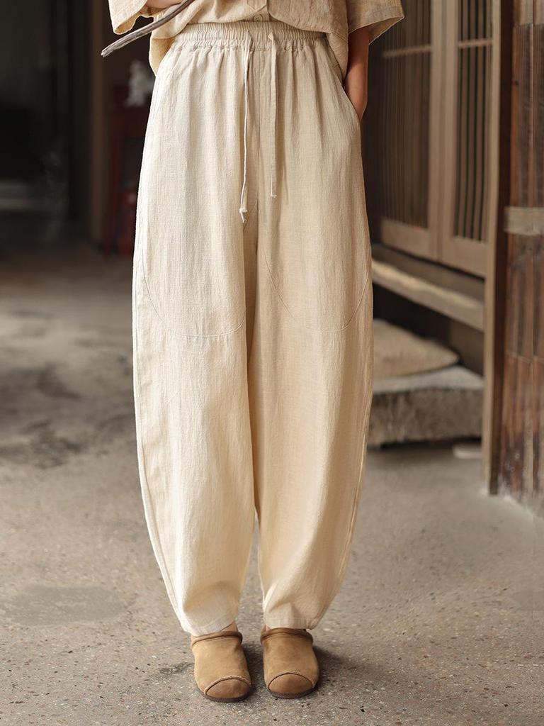 Spring New Cotton Linen Women's Elastic Waist Lantern Pants