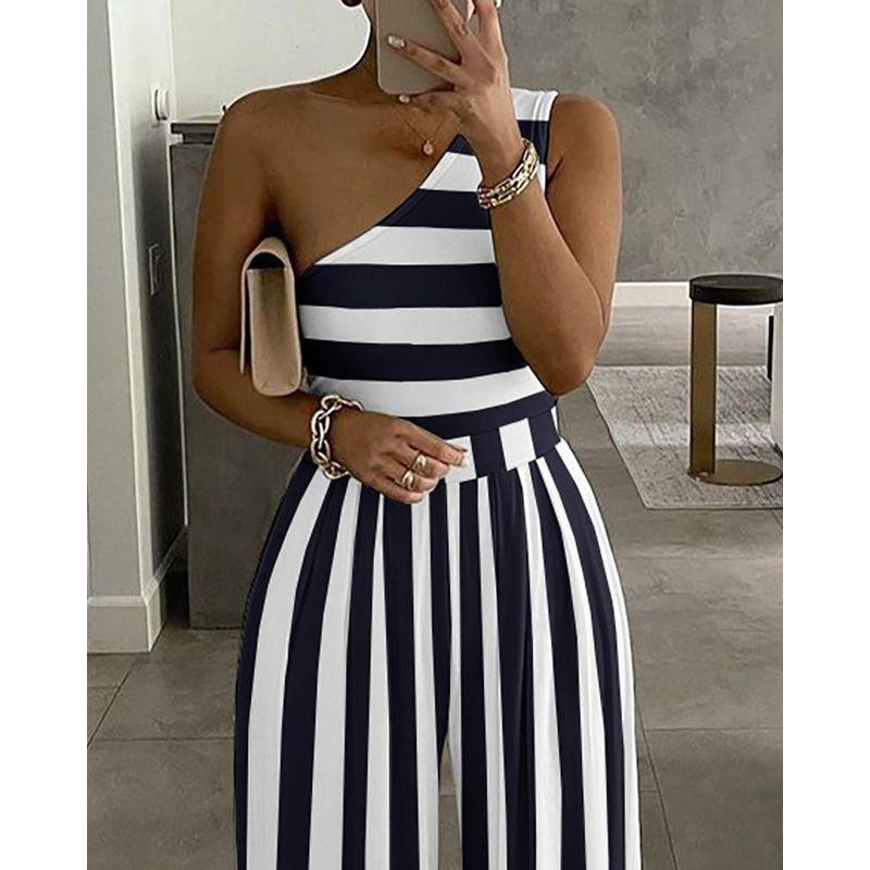 Women One Shoulder Jumpsuit European and American New Women's Clothes Purplish Blue Stripes Casual Jumpsuit