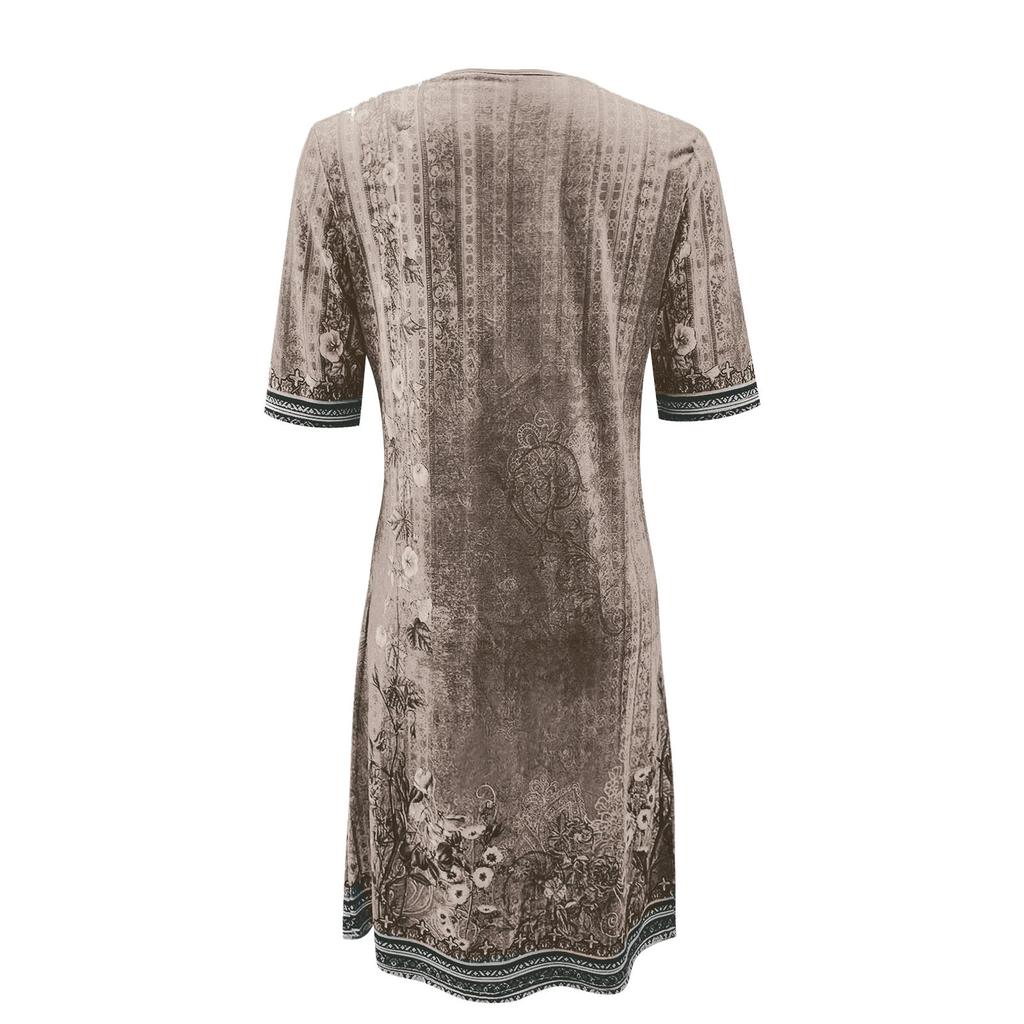 Women's Button Decoration O Neck Dress Ladies Vintage Floral Print Short Sleeve Long Dress
