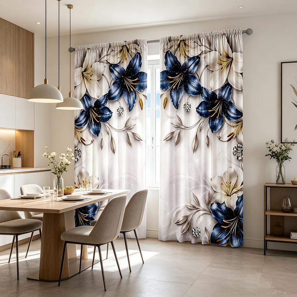 2PCS Digital Printed Curtains, Blue Diamond Lily Luxury Elegant Floral, Rod Pocket Window Drapes for Living Room Bedroom Decor