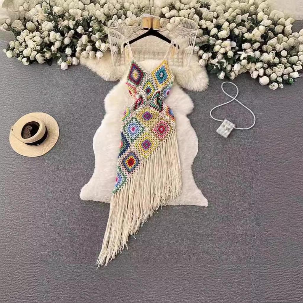 Böhmisches Ethno Häkelkleid mit Quasten und Spaghettiträgern für Damen