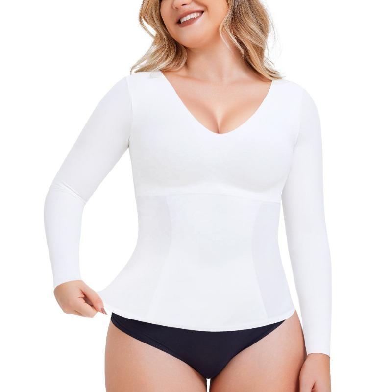 Nahtloses formendes Kompressions-Basisoberteil für Damen mit langen Ärmeln zur Bauchkontrolle und Schlankmachung 3XL weiß