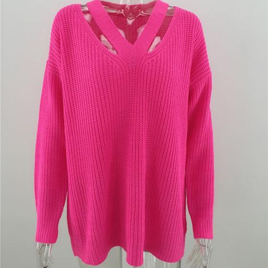 Dámský svetr s výřezy volný ležérní jednobarevný s výstřihem do V podzimní svetr pro každodenní nošení