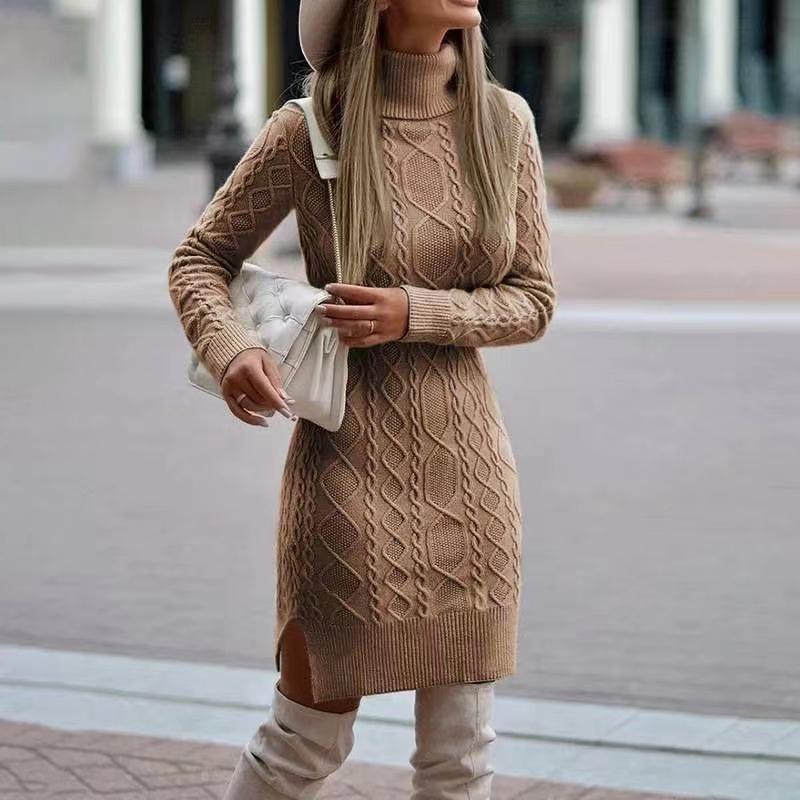Autumn Winter Women's Knitted Wrap Hip Skirt High Neck Warm and Thickened Elegant Knitted Sweater Long Sleeve Dress