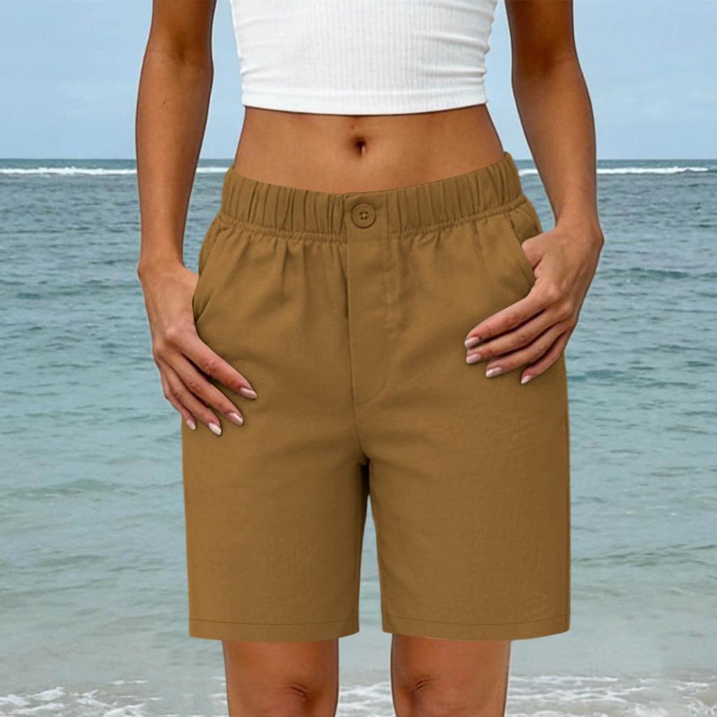 Women's Summer Fashion Elastic Waist Cotton Linen Five Quarter Pants Casual Loose Pocket Shorts