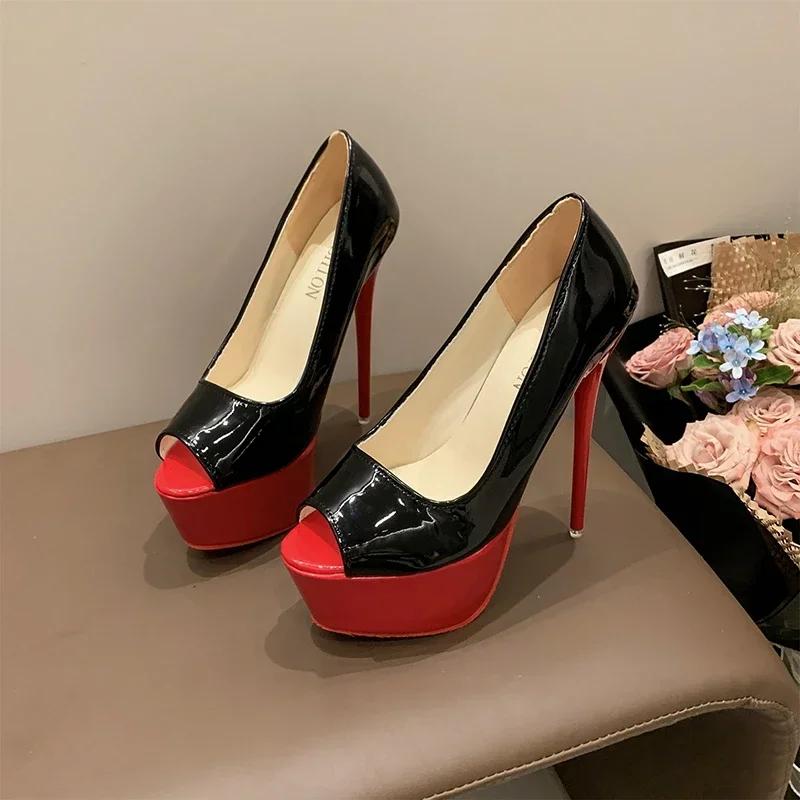 Large Size High Heels Women's New Black Patent Leather Super High Heels Sandals Fashionable and Sexy Shallow Mouth Single Shoes