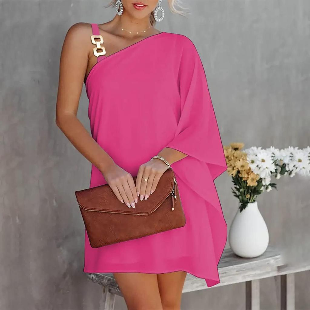 Women's Sexy Off-the-Shoulder One Strap Sloping Shoulder Solid Color Midi Dress