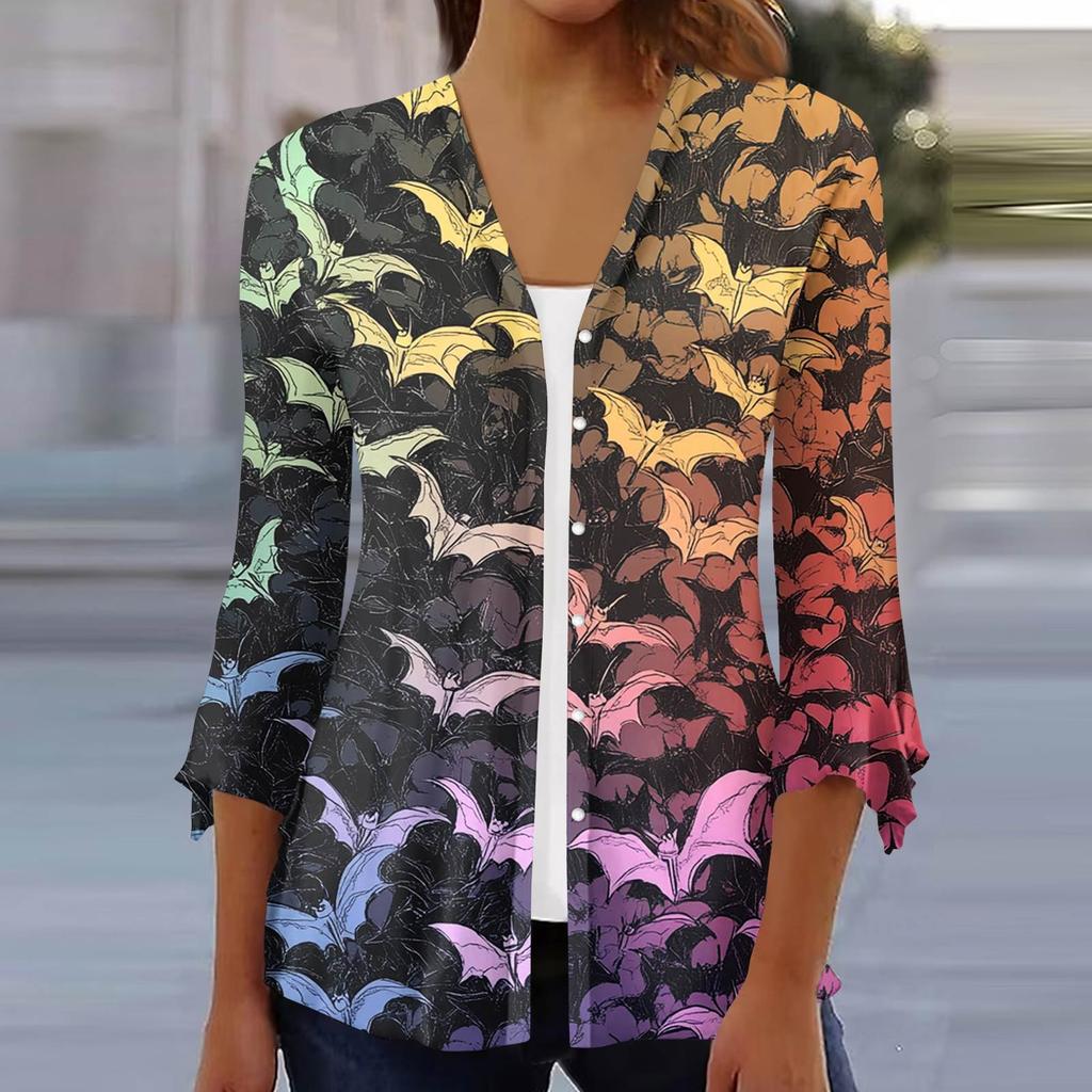 Damen Locker Lässig Bedruckt Siebenärmel Knopfleiste Hemd Strickjacke Top