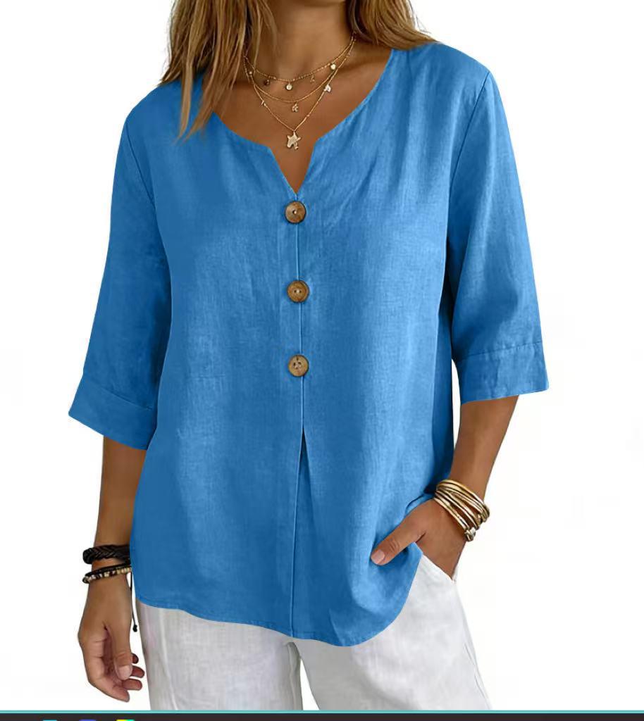 2026 Cotton Linen Three-Quarter Sleeve Button-Down Casual Loose Top Solid Color Shirt