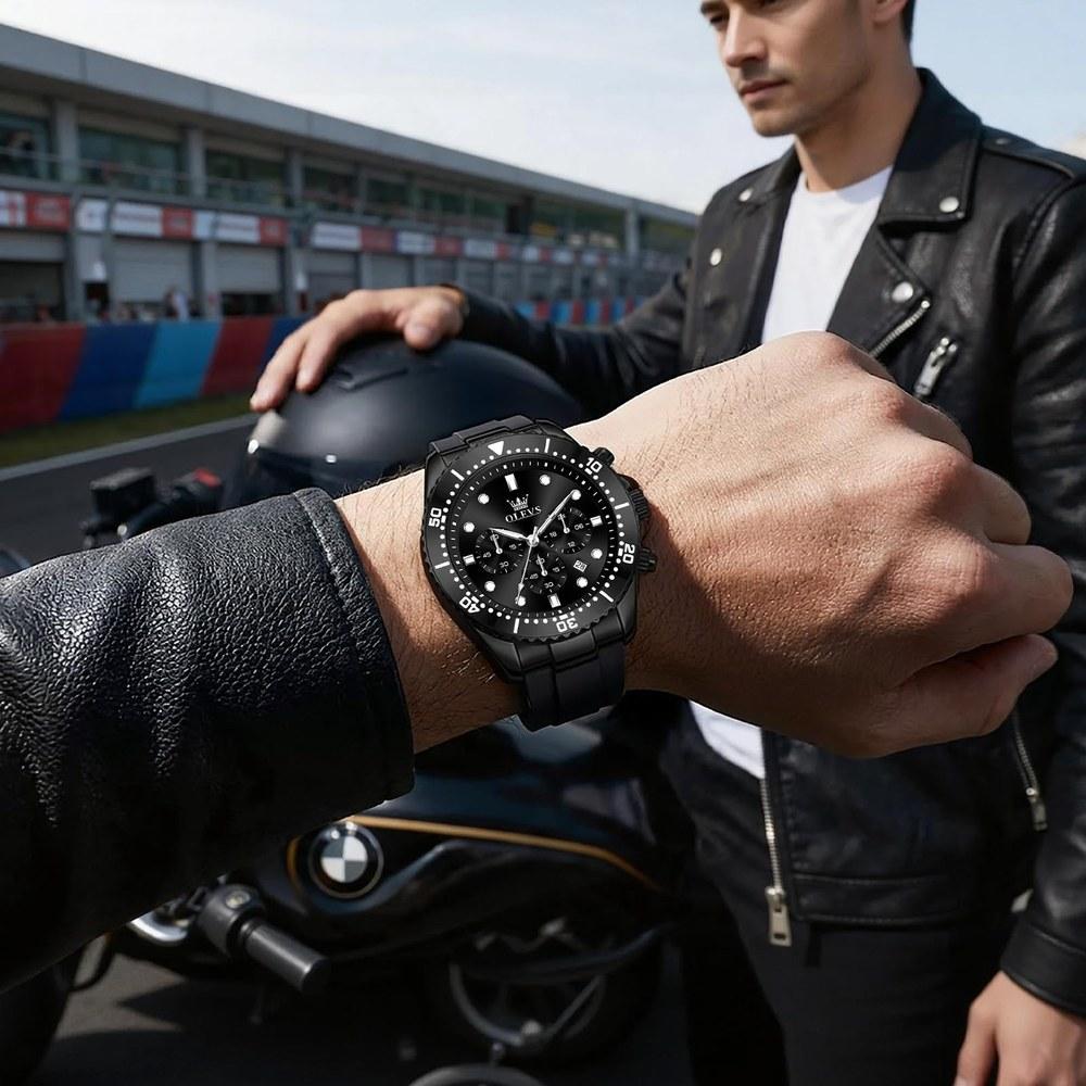 OLEVS Men's Wristwatch Analog Quartz Chronograph Black Dial Silicone Band 3 ATM Water Resistant Rotating Bezel