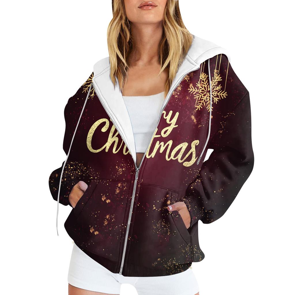 Women's Christmas Printed Sweatshirt  Winter Long Sleeve Cardigan Jacket With Pockets Zipper Hoodie Outerwear
