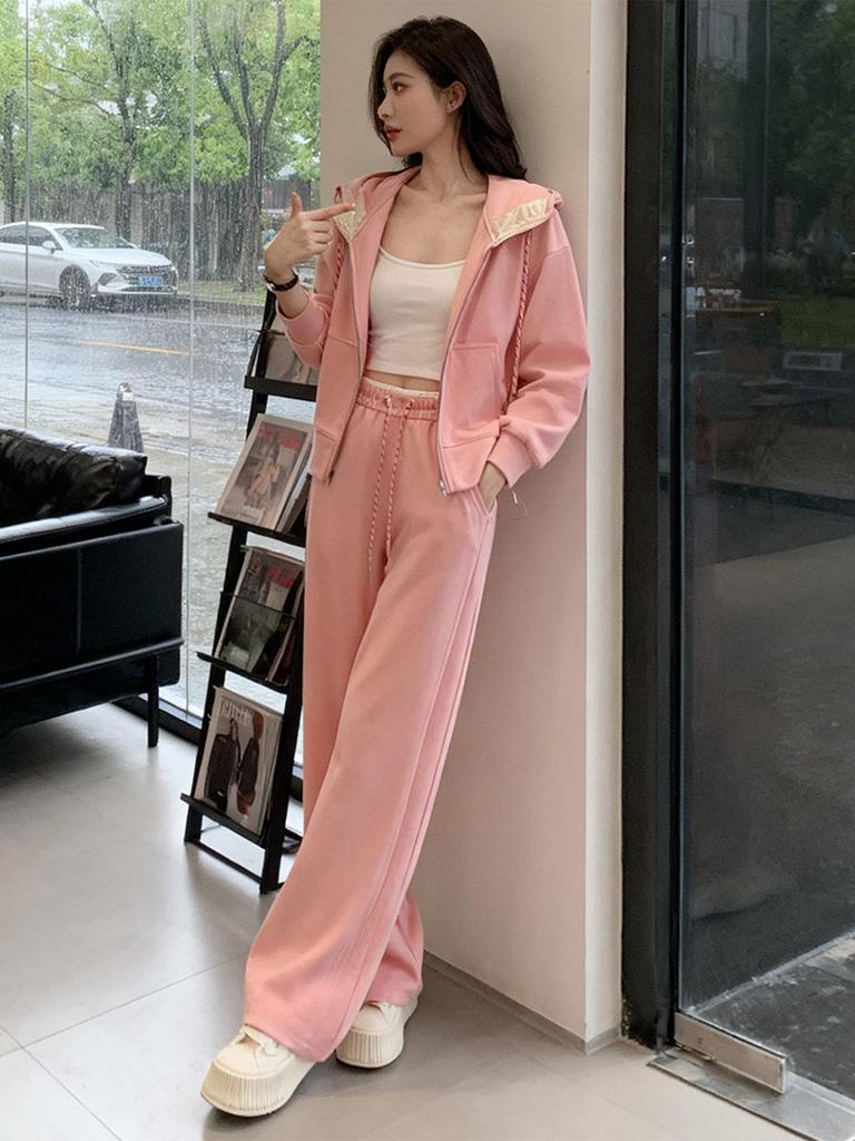 Women's High-End Casual Hooded Cardigan and Wide-Leg Pants Set for Spring/Autumn 2026
