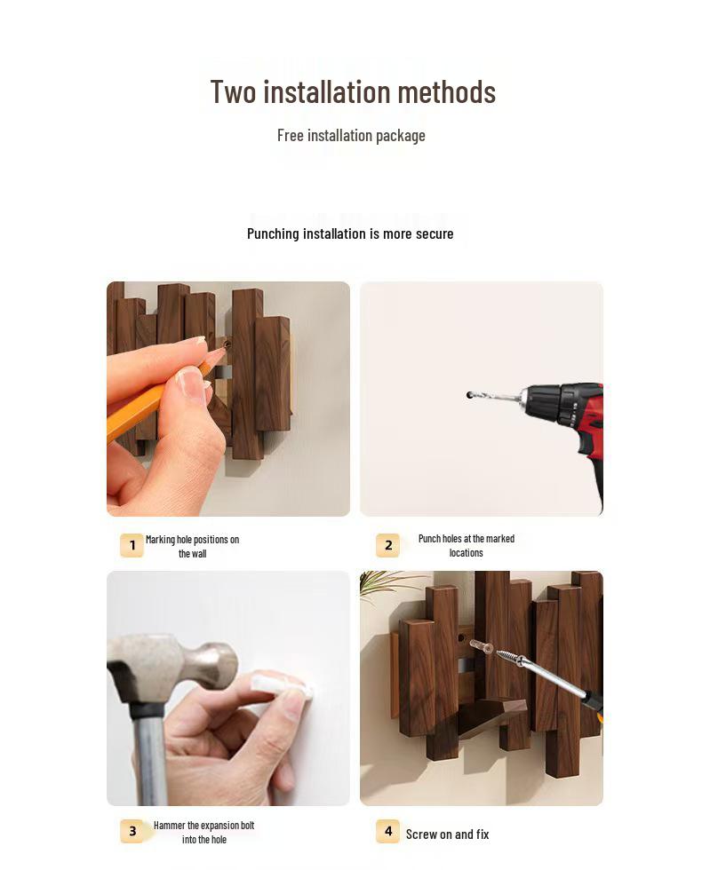 Solid Wood Coat Rack with Piano Key Hooks – Adhesive, No-Punch Design for Wall or Door