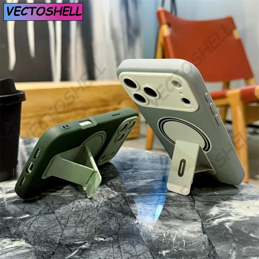 Luxury Fold Stand Holder Magnetic For Magsafe Matte Case for iPhone 17 16 15 14 13 12 11 Pro Max Plus Large Window Bumper Cover