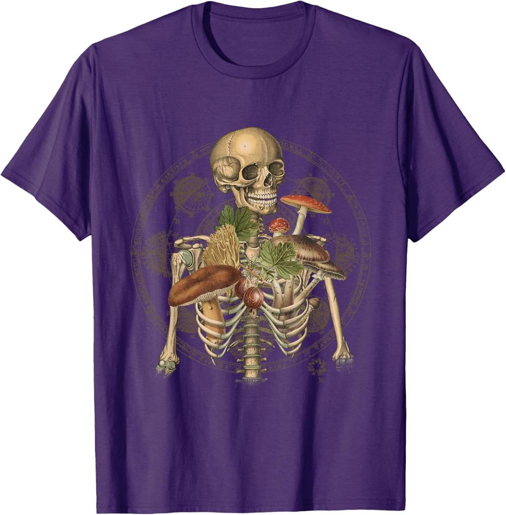 Skeleton With Mushrooms Goblincore Mycologist Fungi Graphic Tee Cotton Casual Trip T-Shirt