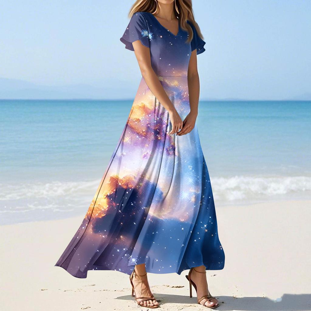 Women's Summer Casual Fashion -Print V-Neck Short-Sleeve Patchwork Dress