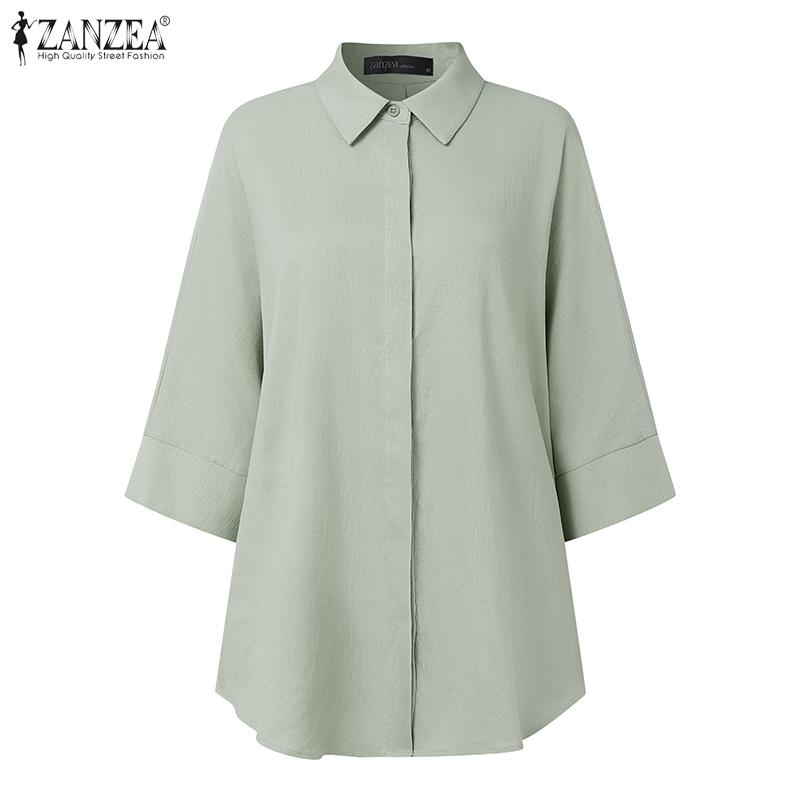 ZANZEA Women Turn Down Collar Loose 3/4 Sleeve Plain Blouse