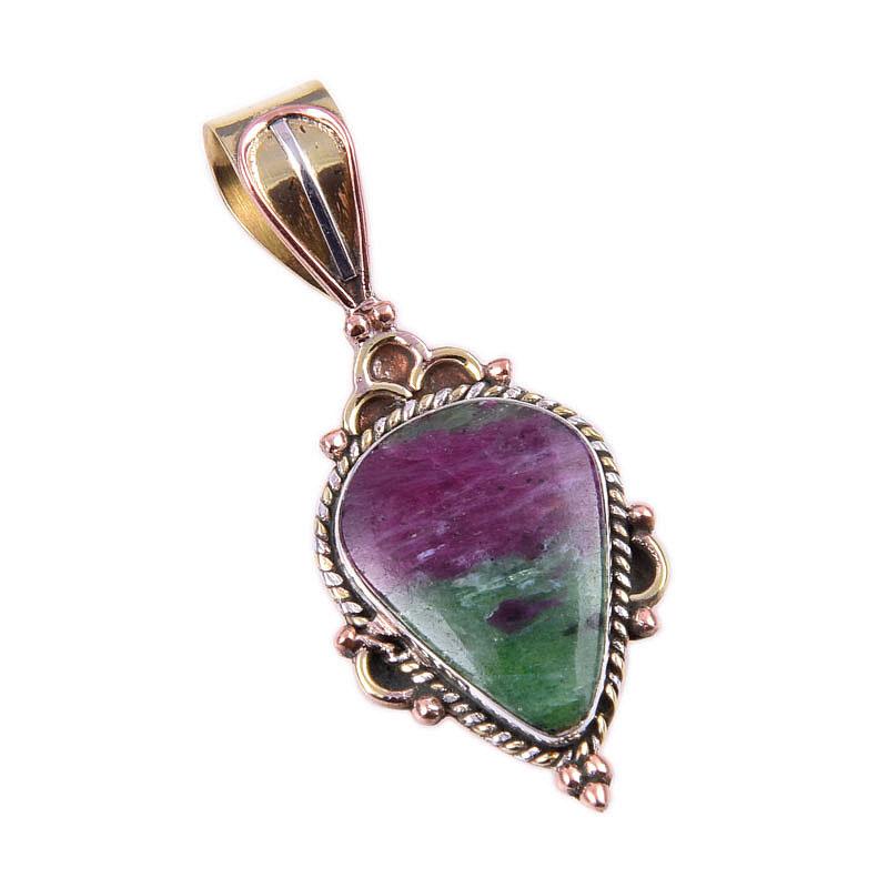 Ruby In Zoisite Lab-Created 925 Sterling Silver Gift Two Tone Pendant 1.50" k9h63
