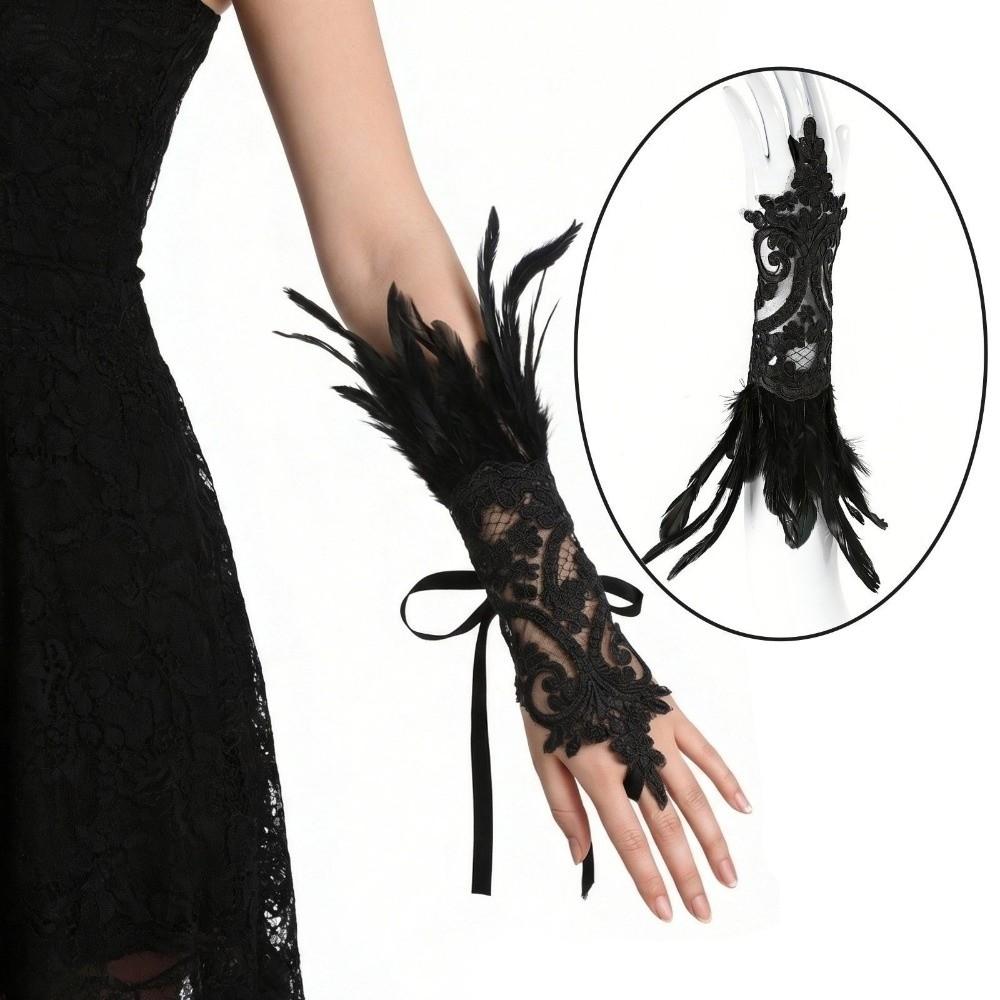 Witch Halloween Feather Cuffs Embroidery Halloween Wristband Women Feather Lace Gloves Carnival