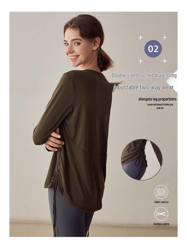 Women’s Slimming Long-Sleeve Yoga Suit - Loose Drawstring Casual Sports Top for Autumn and Winter Fitness, Pilates, and Training