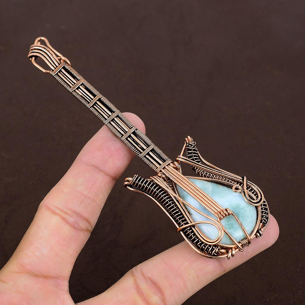 Natural Republic Larimar Handmade Copper Wire Wrap Guitar Pendant 4.53" L0Y79