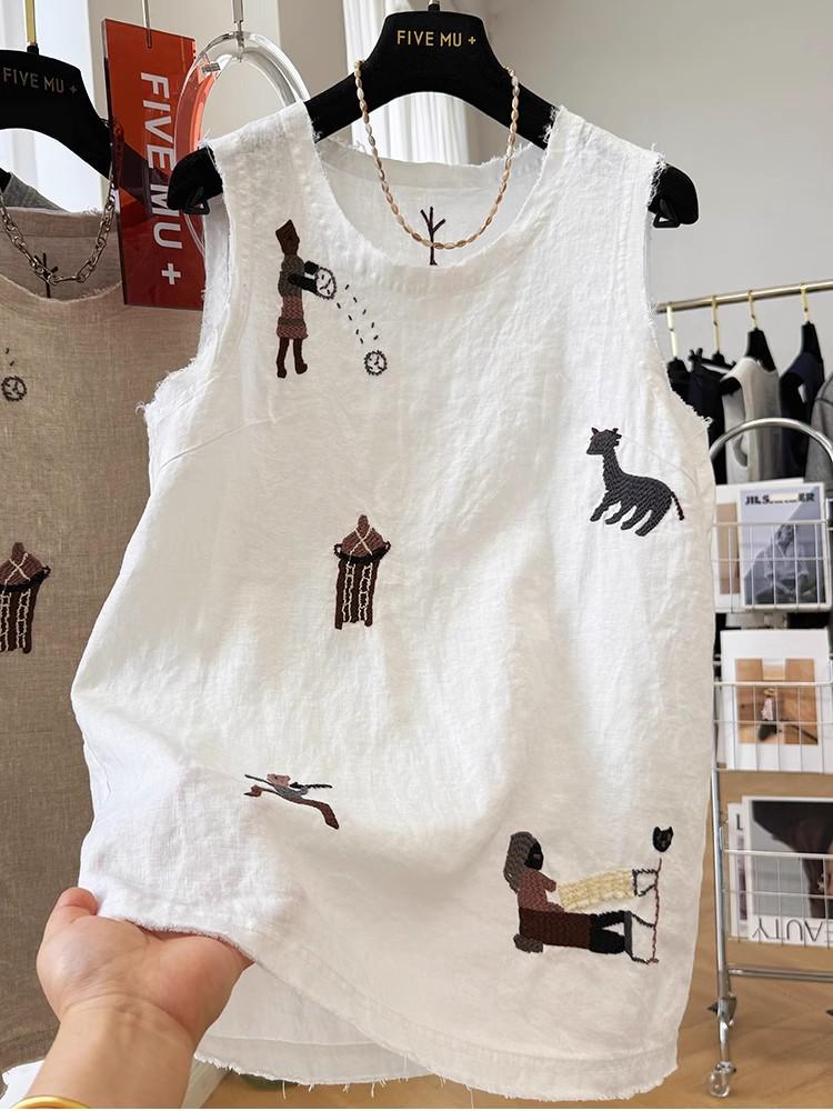 Women's Sleeveless Embroidered Cotton Linen Vest