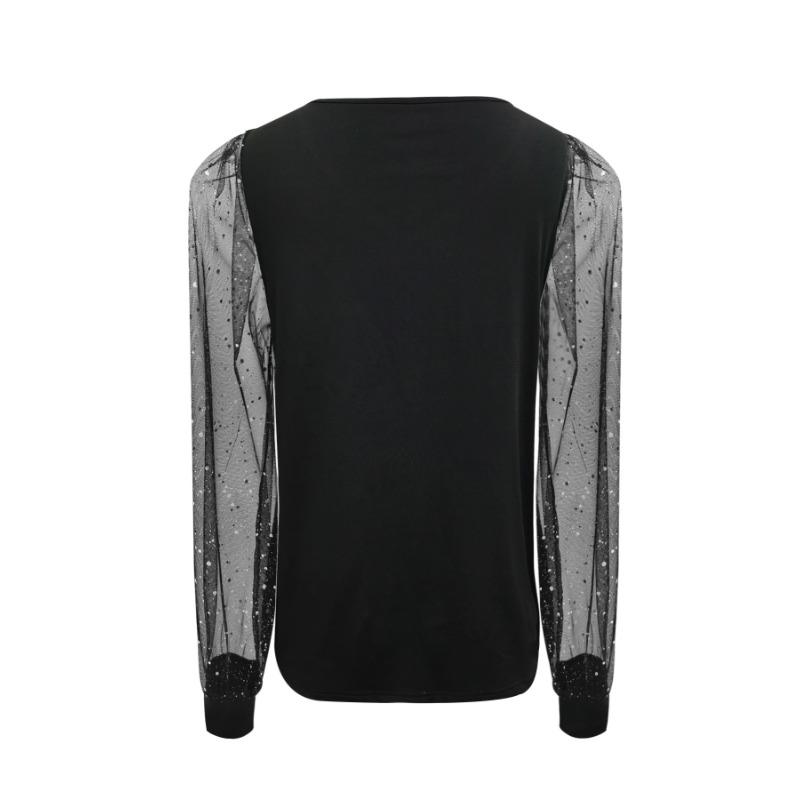 Ladies Spring and Summer New V-neck Beaded Mesh Long-sleeved Loose Elegant Fashionable Top