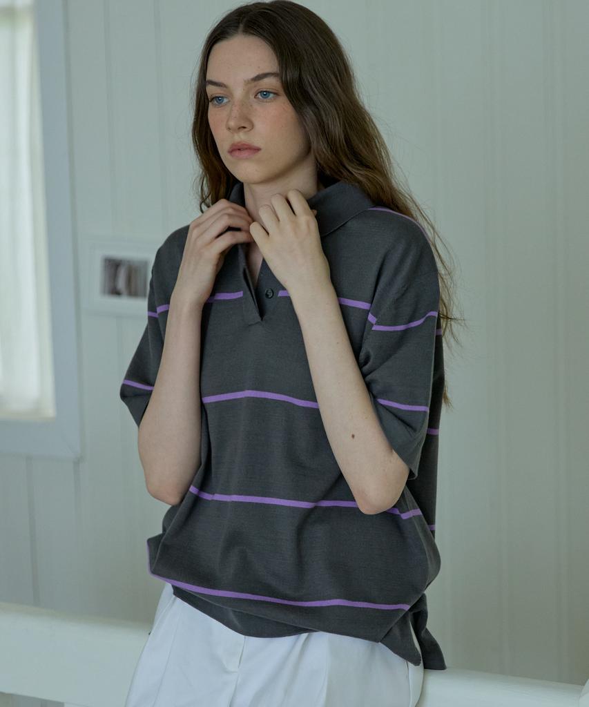 Opeundoeoseutyudio Striped Collar Knit Top Deep Gray