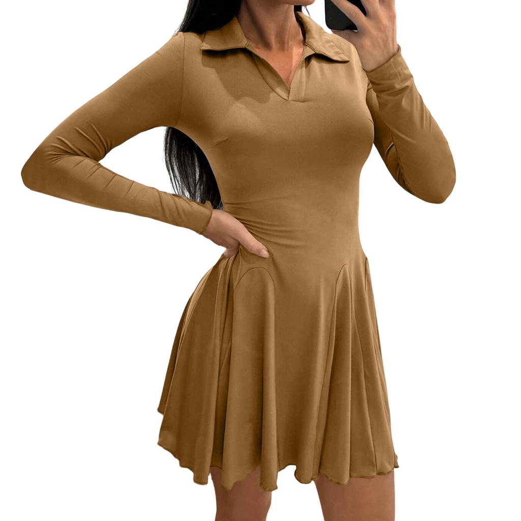 Women's Fashion Casual Long-sleeved Ruffled Short A-line Pleated Dress