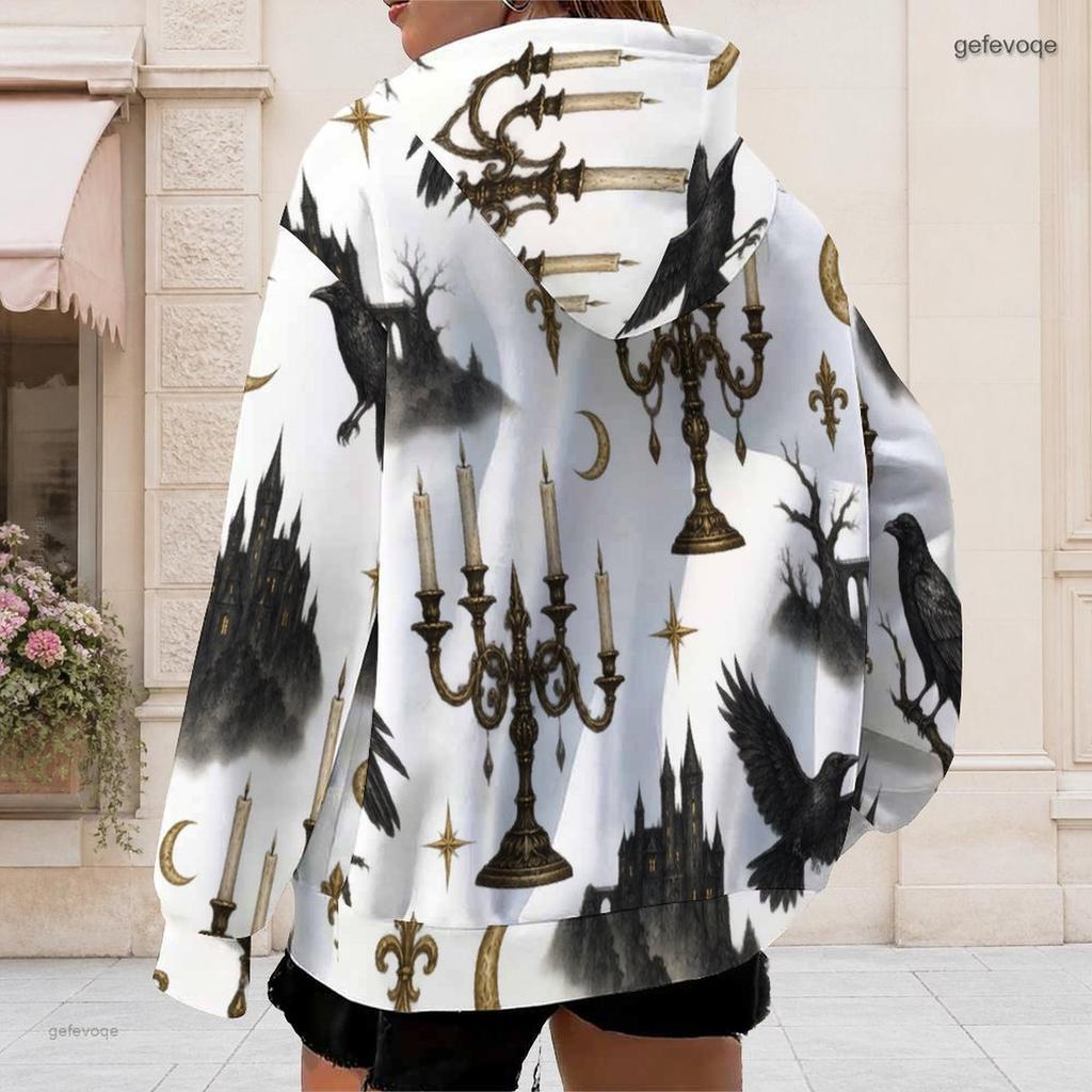 Women Plus Size Zip Up Long Sleeve Drawstring Hoodie White Dark Rose Bat Key Lock Printed Sweatshirt With Pockets