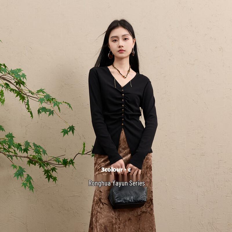 Sancai 2025 Winter Ribbed Brushed V-Neck Long Sleeve Slim-Fit Top S