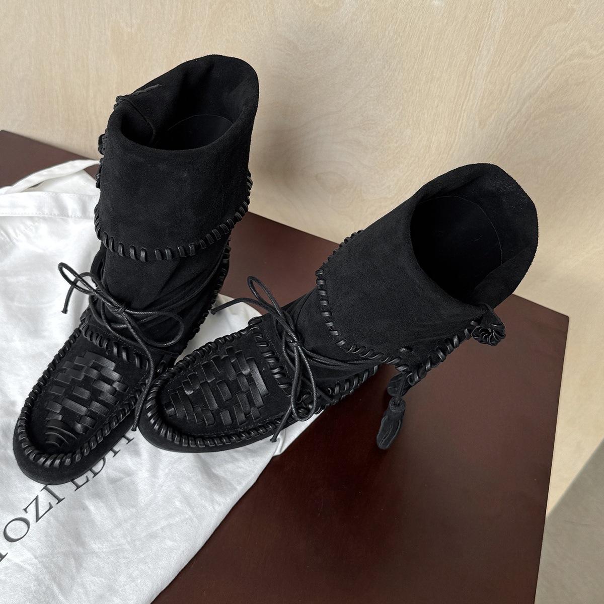 

Cowhide version~ inner height increase retro fringed strap western boots women s leather woven medium tube stacking boots ruffled women s boots 35